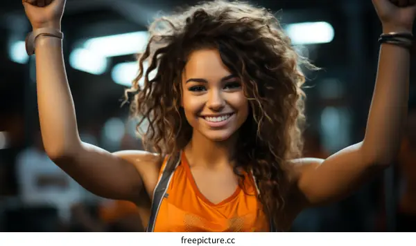 Portrait of a young woman with curly hair smiling in a gym