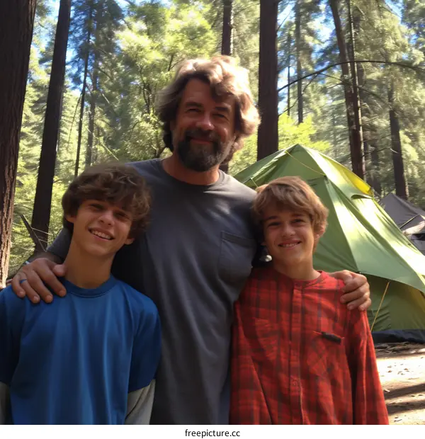 Happy family camping in the woods