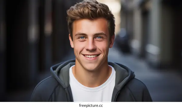 Portrait of a Smiling Young Man with Blue Eyes