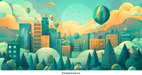 Cityscape With Hot Air Balloons And Green Trees