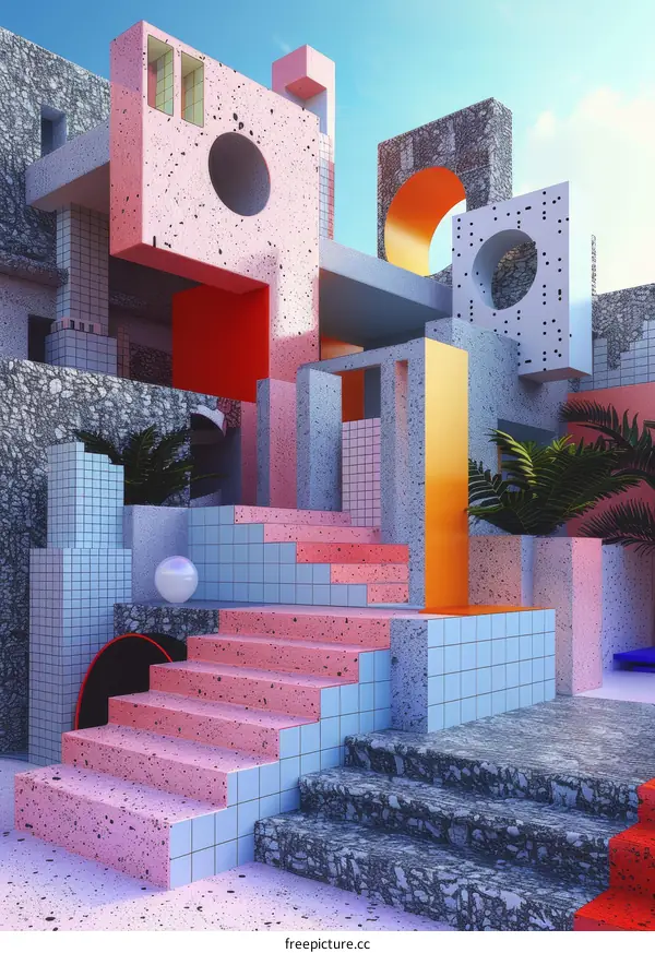 A colorful 3D rendering of a Memphis-Milano style building