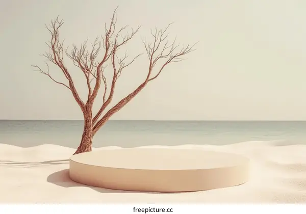 Empty Beach Scene with a Dead Tree and a Podium