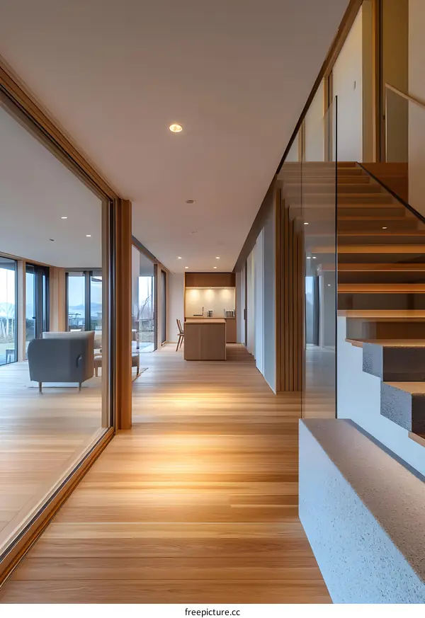 Modern House Interior Design With Wooden Floor And Glass Staircase