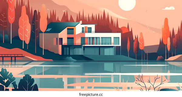 Modern House Design by Lake with Autumn Forest