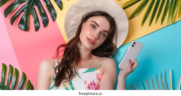 Woman With Straw Hat Lying on Colorful Background