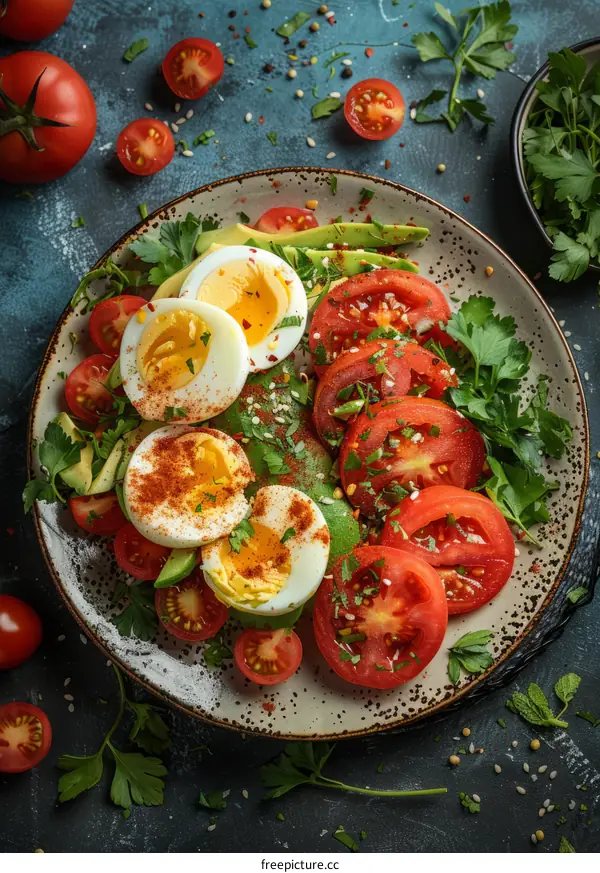 Healthy food. Tomatoes, avocado and boiled eggs on a plate