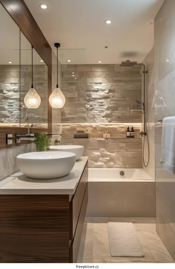 Modern Luxury Bathroom Design with Stone Wall