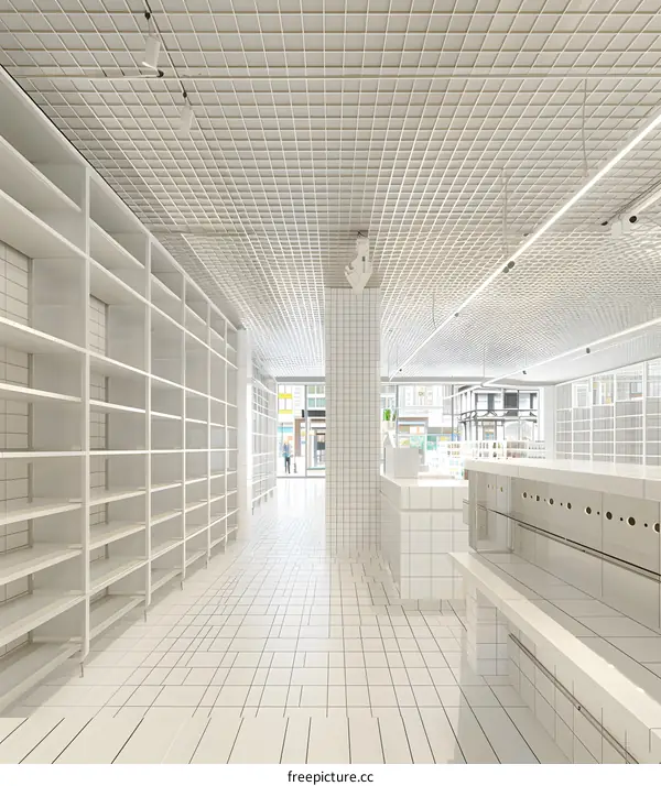 White Tiled Interior Design with Grid Ceiling and Shelves