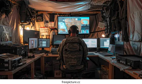 Soldier works at a computer station in a tent