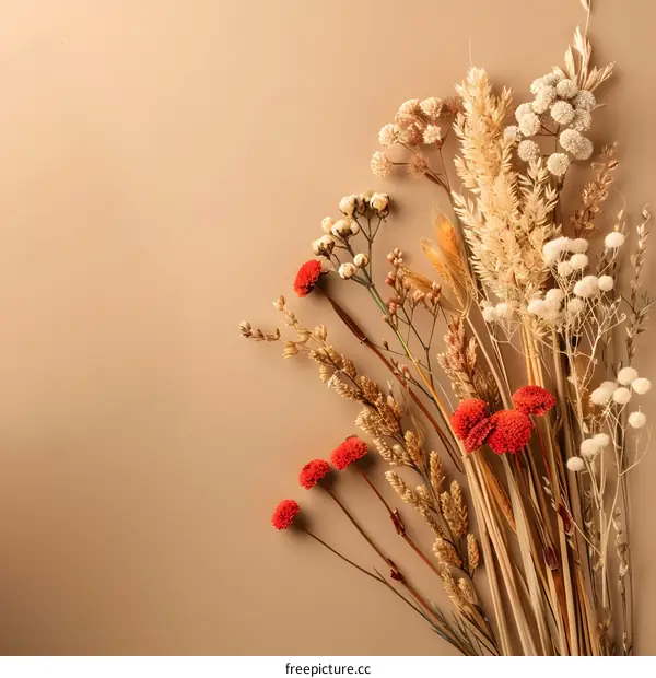 Dried Flowers and Wheat on Tan Background
