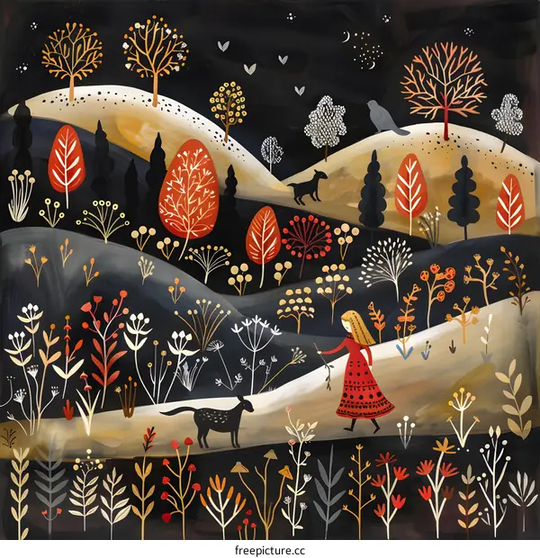 Nighttime Illustration of a Girl Walking With a Dog in a Forest