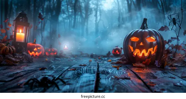 Halloween pumpkins in a spooky forest