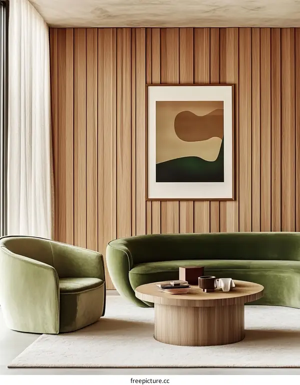 Modern Living Room with Wooden Wall and Green Velvet Furniture
