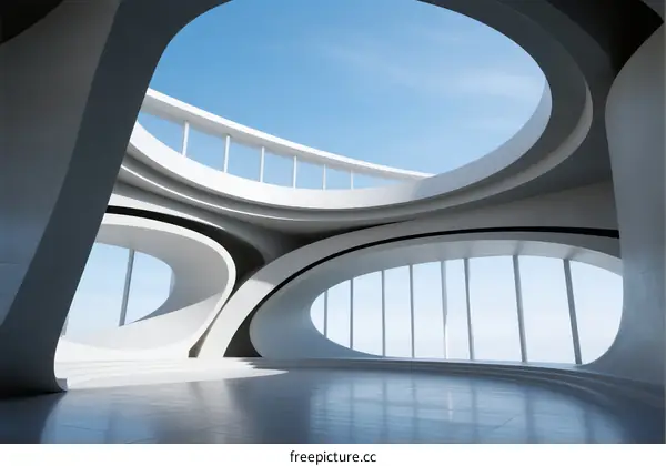 Modern Curved Architecture with Large Circular Windows and Open Space
