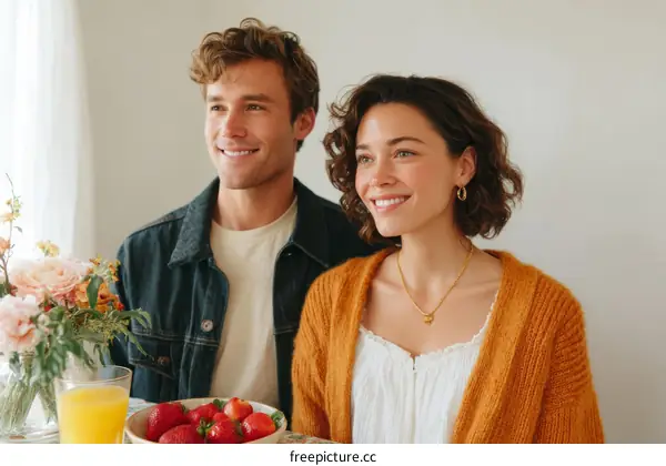 Couple enjoying breakfast with flowers and fruit