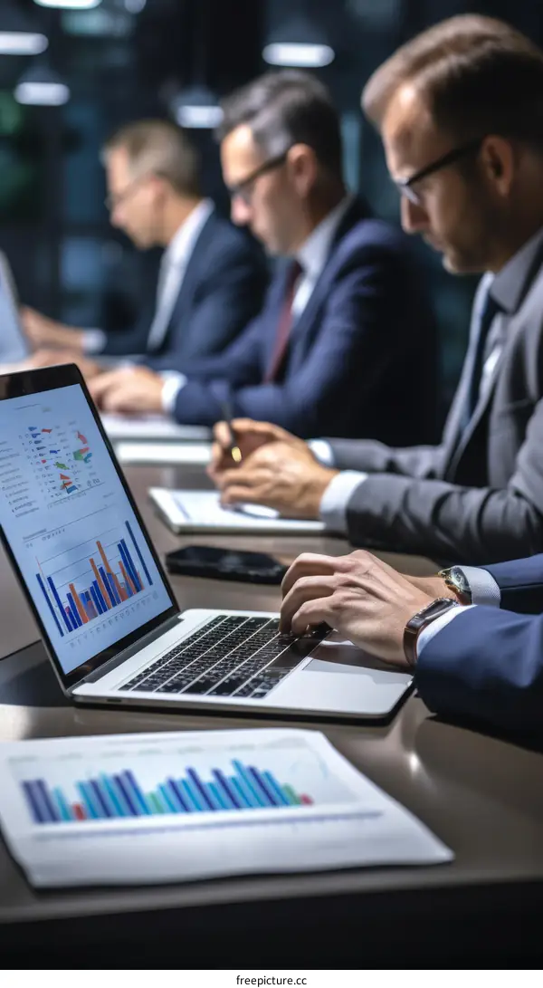 Businessmen in suits working late on a project using laptop and documents