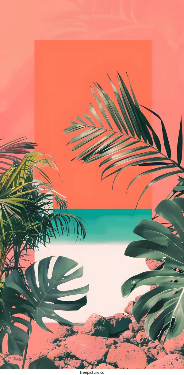 Tropical Leaves with Coral and Turquoise Colors