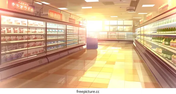 Supermarket Interior Illustration With Glass Shelves And Sunbeams
