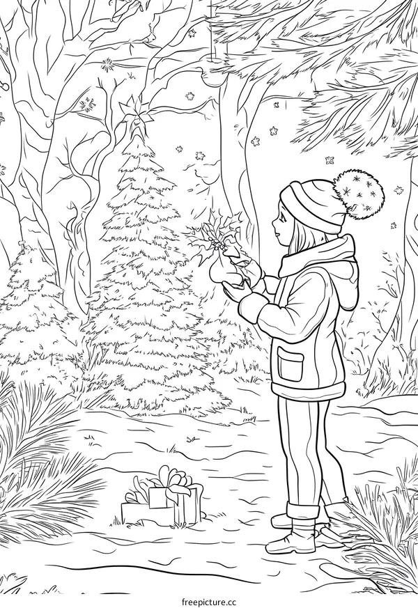 Girl Decorates Christmas Tree in Winter Forest
