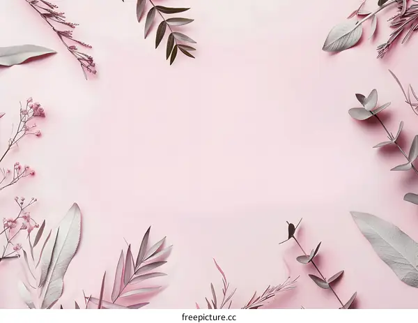 Pink Floral Background with Leaves Frame