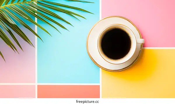 Coffee Cup On Pastel Background With Palm Leaf