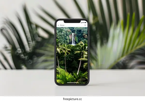 Smartphone Displaying Waterfall Image in Lush Tropical Environment