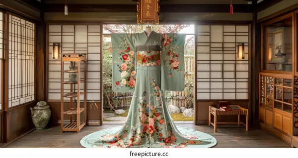 An exquisite kimono displayed in a traditional Japanese room