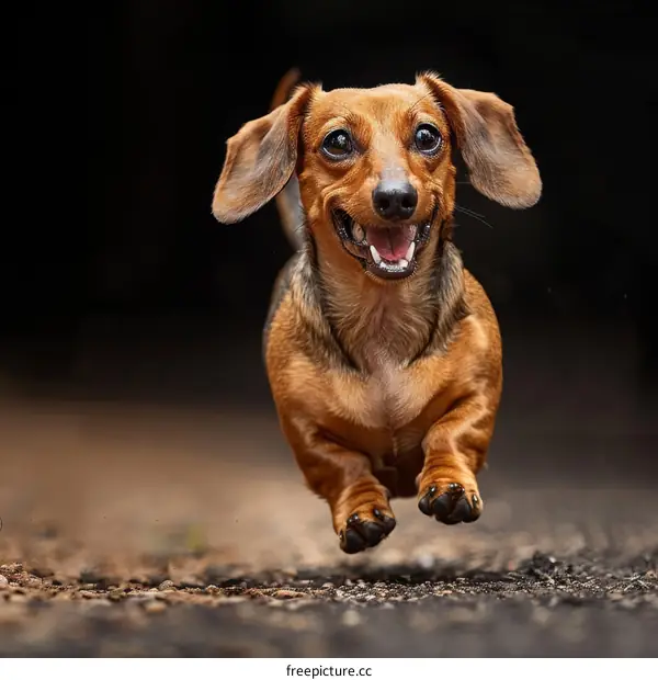 A happy brown dachshund dog running in the park