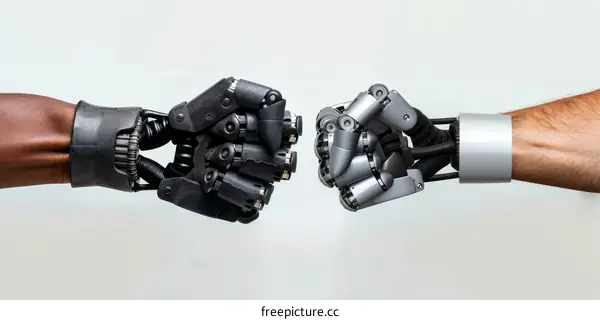 Black and white robotic hands bumping fists