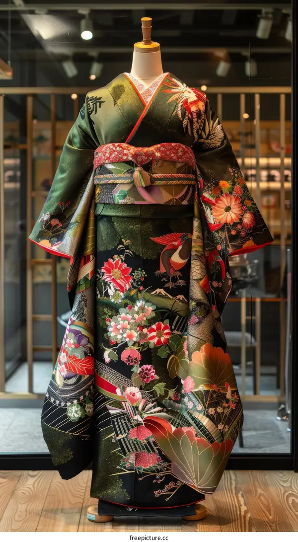 A kimono with a pattern of flowers and birds