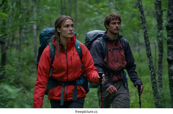 Couple Hiking in a Forest with Backpacks