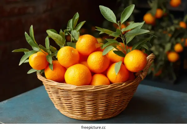 Fresh Oranges in a Wicker Basket