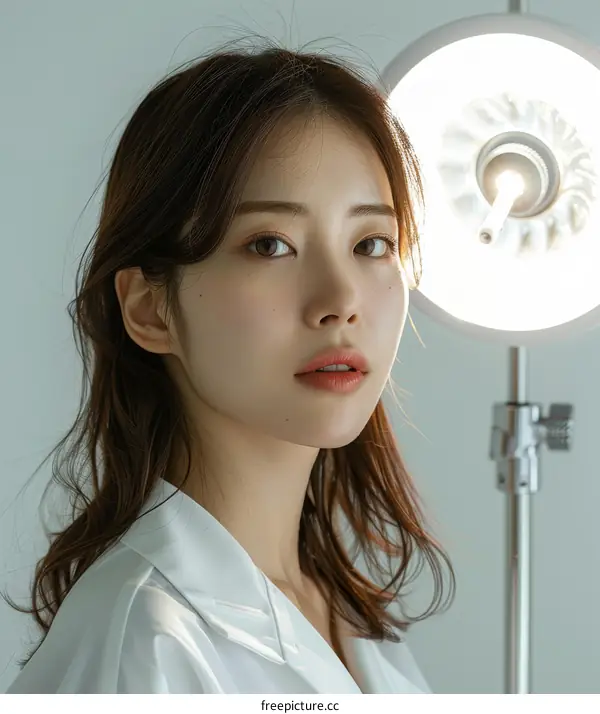 A young Asian woman standing in front of a large lamp.