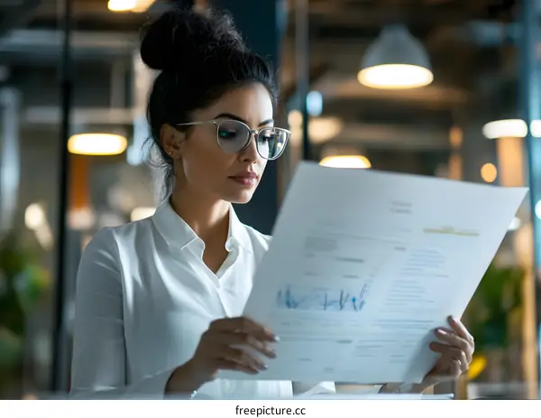 Businesswoman Analyzing Financial Report in Modern Office