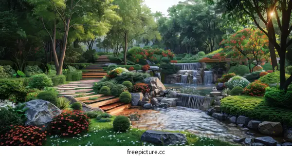 Peaceful Japanese Garden Landscape Illustration