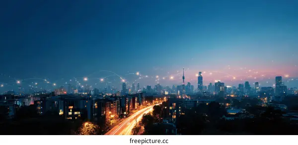 Cityscape at Night with Connection Lines
