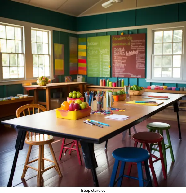 Art classroom with supplies and fruits on the table