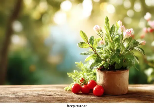 Spring Garden Scene with Flowers and Tomatoes