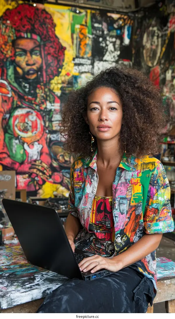 Black woman artist working on laptop in art studio