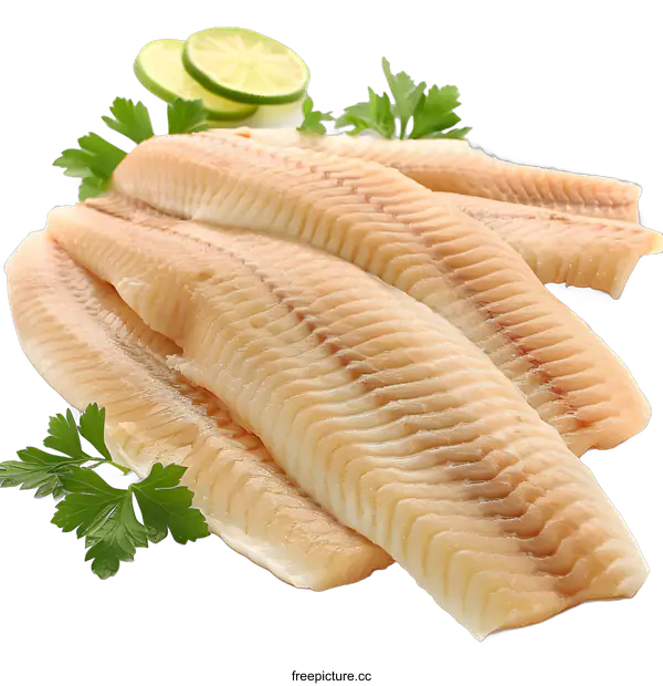 [Transparent Background PNG]Fresh fish fillets with parsley and lime slices