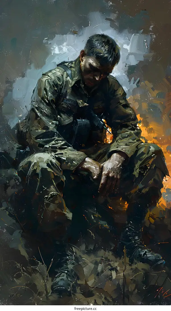 A soldier sits on the ground in a contemplative pose