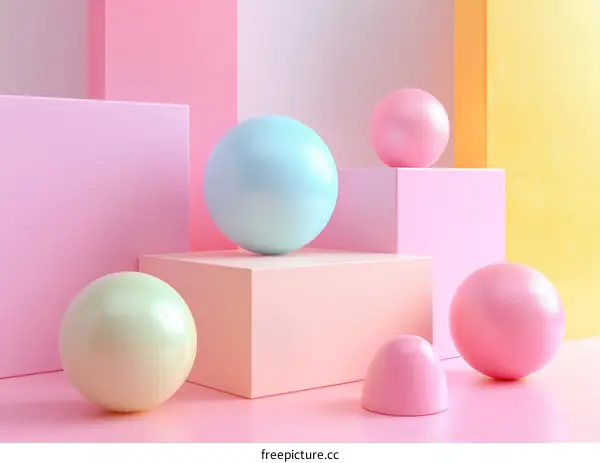 Pastel podiums, balls and geometric shapes