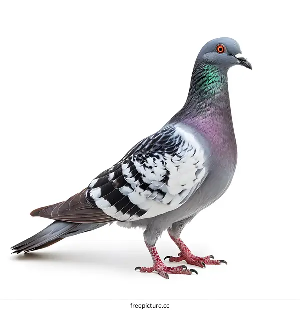 A pigeon with a red eye and colorful feathers