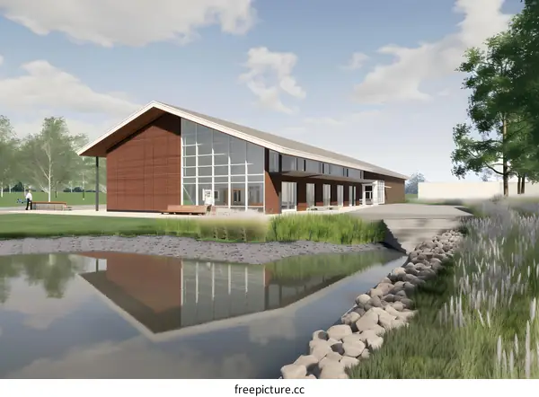 Modern Building with a Pond and Grassy Landscape