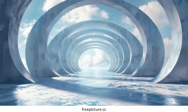 Futuristic Tunnel with Blue Glowing Rings and Water Floor