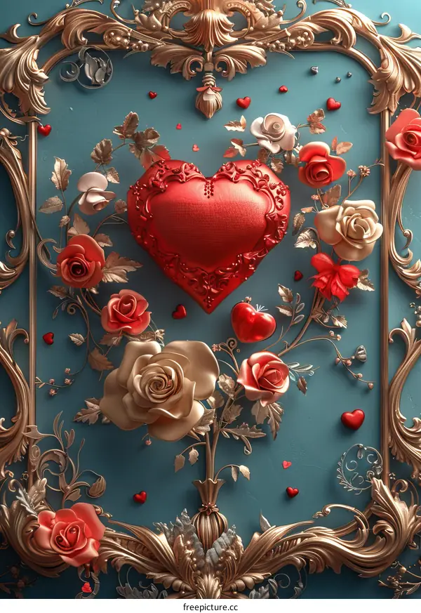 Ornate Heart and Rose Illustration
