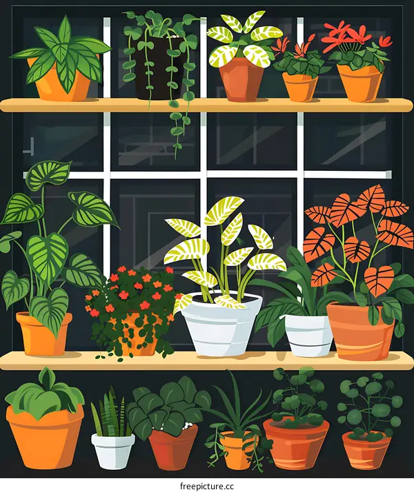 Windowsill with Various Houseplants Illustration