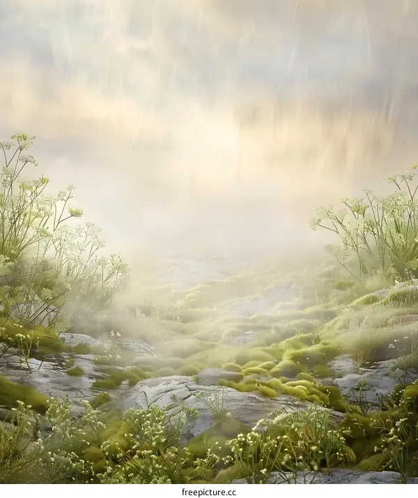 Misty Morning Meadow Landscape with Green Grass and Rocks