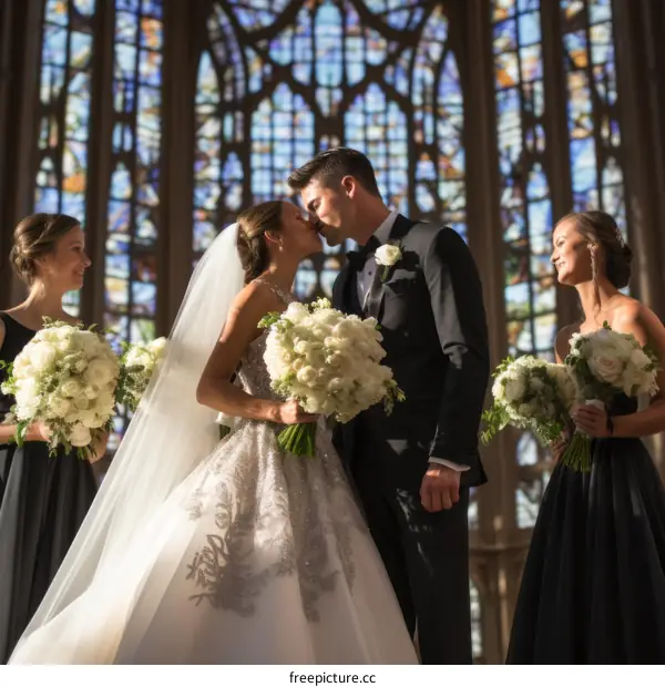 A bride and groom kiss in a church with stained glass windows