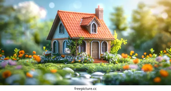 Charming Cottage with Blooming Flowers on a Sunny Day